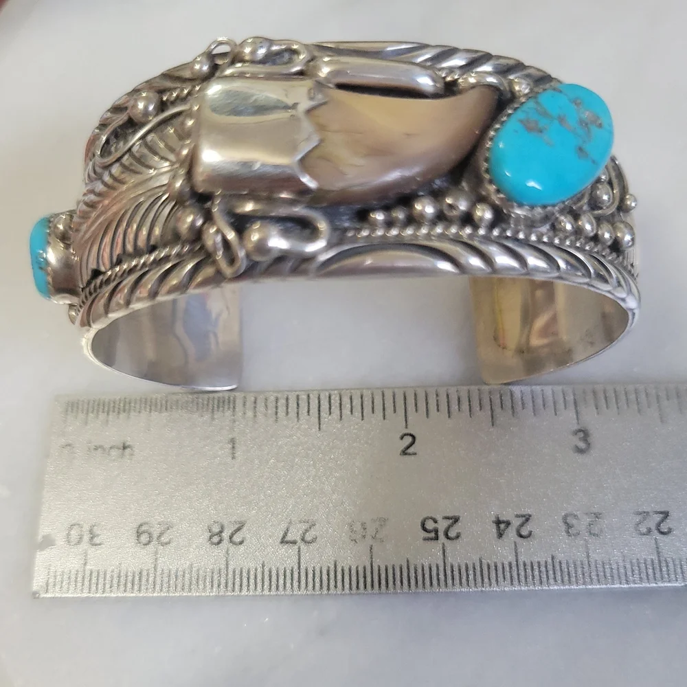 Sterling Silver,Natural Turquoise, Rare Bearclaw "TedJoe" Navajo Cuff Bracelet - Picture 2 of 12